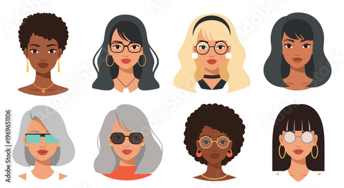 Set of diverse women avatars with different hairstyles skin tones and fashion accessories like glasses and earrings.