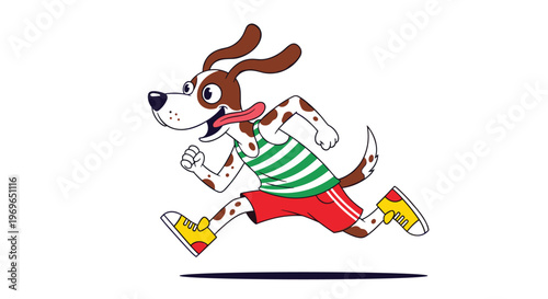 Energetic cartoon dog with spots wearing a striped tank top and shorts running happily on a white background.