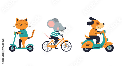 Three cute cartoon animals including a cat mouse and dog ride a scooter bicycle and moped in a fun outdoor recreational illustration.