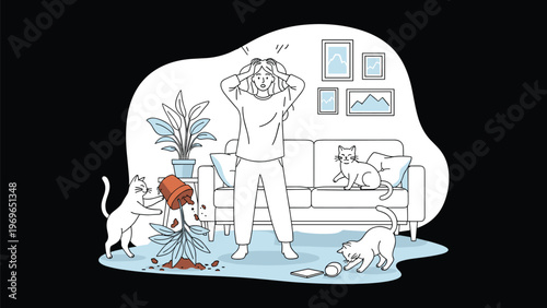 Stressed woman holding her head in despair as her three mischievous cats cause chaos in her living room by knocking over a potted plant.