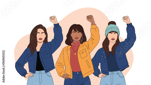 Group of empowered diverse women standing together with raised fists to support feminism, sisterhood, and social justice equality.