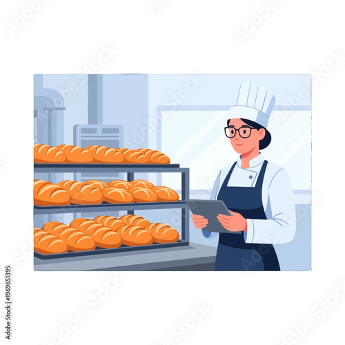Baker in uniform checks inventory of fresh bread loaves on shelves