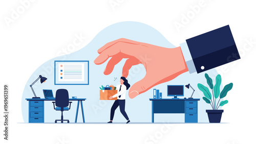 Corporate employee carrying a box of personal belongings while being picked up by a giant hand, symbolizing sudden job dismissal.