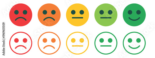 Colorful emoji faces with flat style, user feedback expression icons, sad to happy faces range, filled and outline versions for rating system design