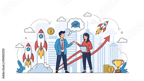 Successful business people discussing strategy surrounded by launching rockets, gold coins, and a victory trophy in a modern city.