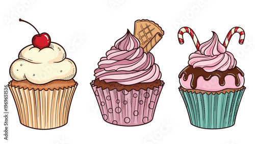 Trio of decorative cupcakes with elaborate frosting, a cherry, a wafer, and candy canes for a festive and sweet dessert display.