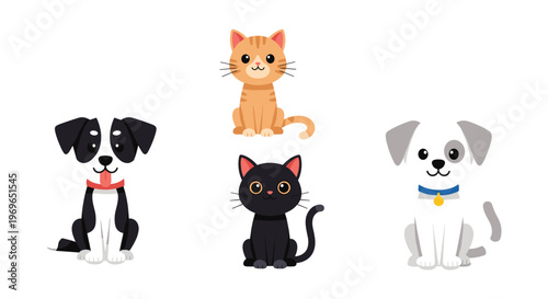 Four adorable pets including two different types of dogs and two cats sit calmly together in a clean minimalist character illustration.