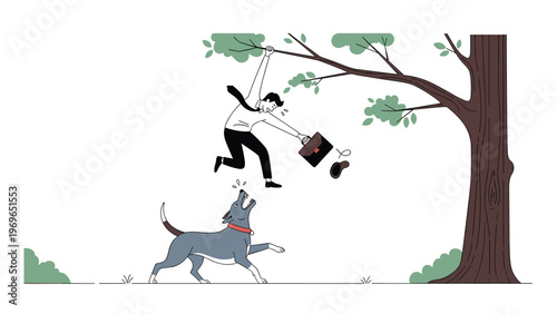 Panicked businessman in a formal suit hanging from a tree branch while a large barking dog tries to catch him from below in a park.