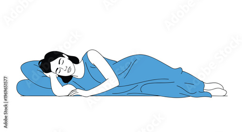 Simple line drawing depicts a young woman sleeping peacefully on her side in bed covered by a long blue blanket on a white background.