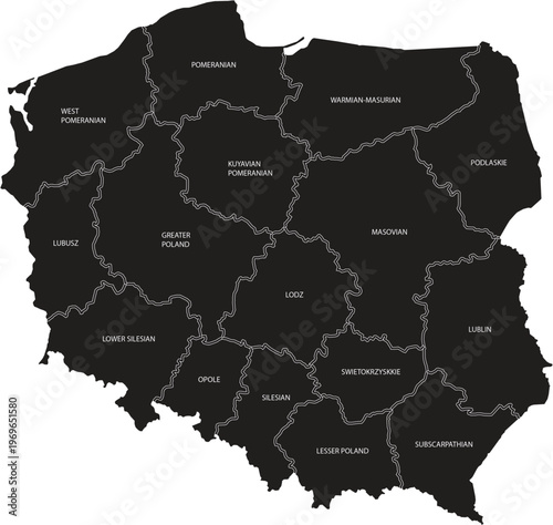 Detailed Map of Poland with Administrative Boders and Internal Regions in Black Layout