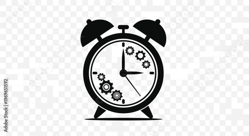 Old fashioned mechanical alarm clock with internal gears on face black silhouette icon.