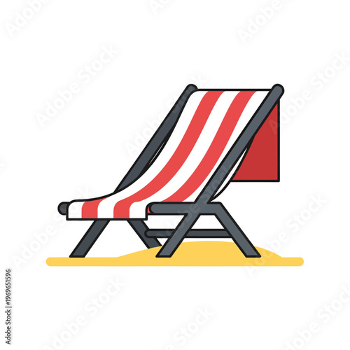 A striped lounge chair rests on a sandy surface