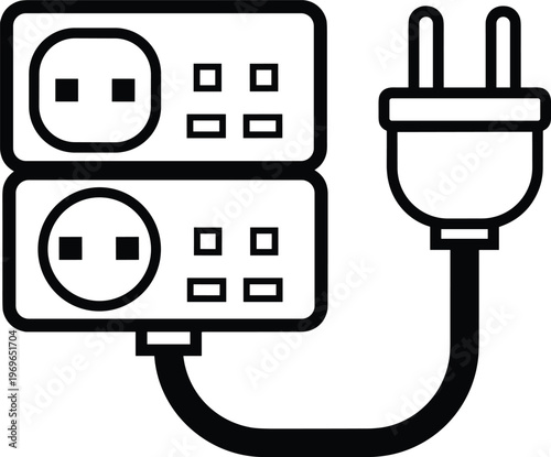 Electrical outlet with plug vector illustration, power strip line art, socket extension cable symbol.