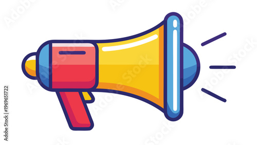 Loudspeaker with bright colors used for announcements at an outdoor event during a sunny day with many people present