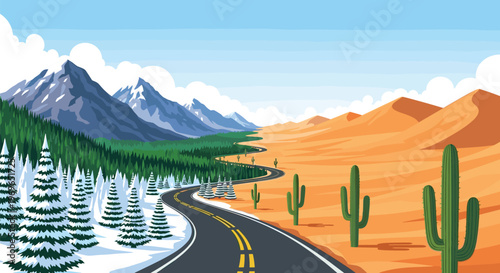 Unique artistic road divides two contrasting landscapes showing a snowy pine forest on one side and a sandy cactus desert on the other.