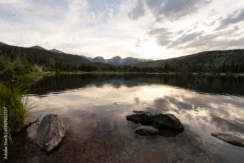 Sprague Lake reflecting Rocky Mountain National Park at sunset