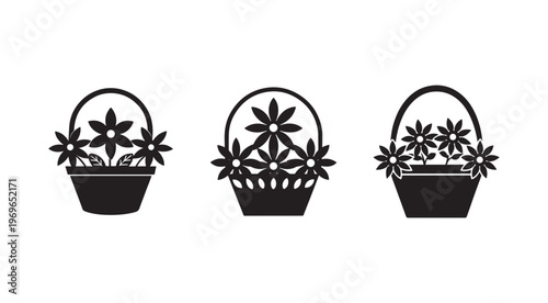 Black silhouette illustrations of three baskets with flowers in them side by side on white background  flowers and baskets