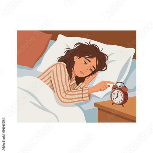 Woman wakes up in bed and reaches for alarm clock on nightstand