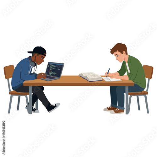 Two students studying at table with laptop and notebook in classroom