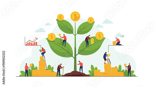 Miniature business people working together on a large plant with gold coins growing on its leaves, representing financial growth.