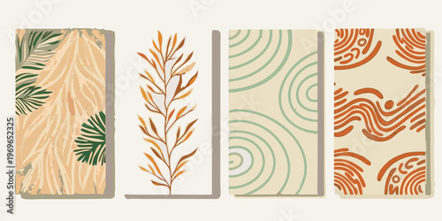 Four botanical patterned panels with varying colors and abstract designs