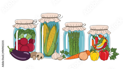 Collection of assorted glass jars filled with preserved vegetables like corn, asparagus, beets, and peppers on a white background.