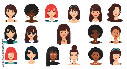 Grid of diverse female portrait illustrations shows women with different hairstyles skin tones and accessories in a flat graphic style.