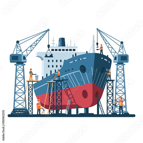 Workers construct a large vessel with cranes in a shipyard