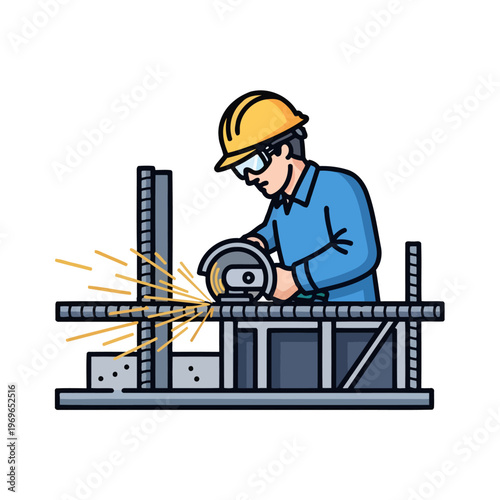 Construction worker using a cutting tool on metal bars with sparks flying