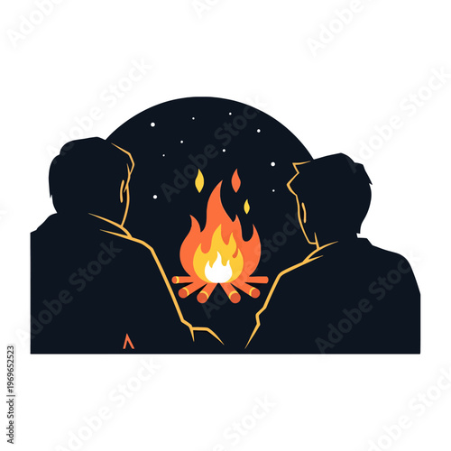 Two people silhouetted watching a campfire under a starry night sky