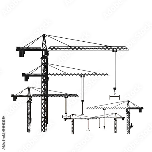 Multiple construction tower cranes are depicted in silhouette on a white