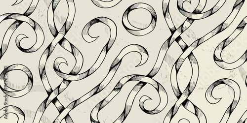 Intricate black and white sketch of swirling ribbon like abstract shapes