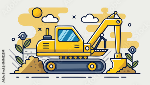 Construction vehicle digs into soil at a work site surrounded by plants under a bright sky