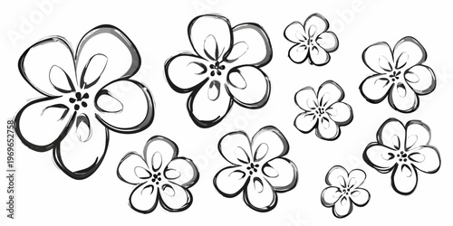 Stylized black and white floral arrangement of blossoming flowers