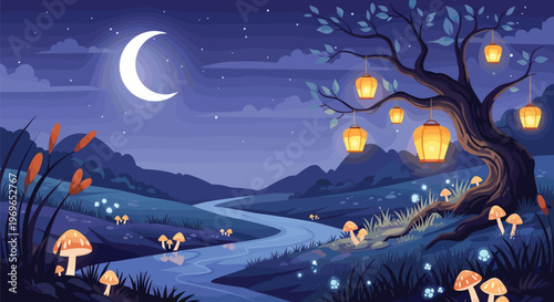 Magical night landscape features glowing orange lanterns hanging from a tree by a river with mushrooms in a moonlit fantasy forest.