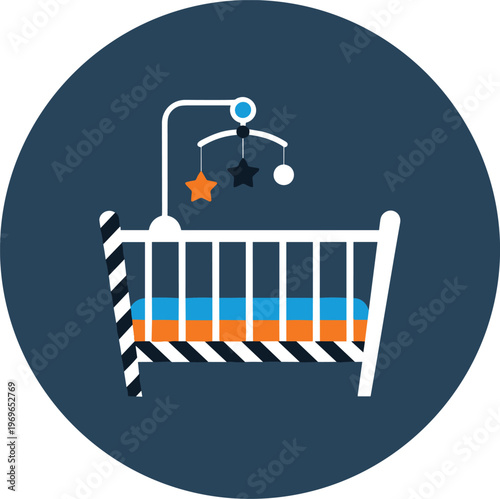 Baby crib with mobile, safe sleeping place, nursery furniture, infant bed.