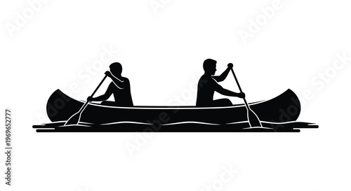 Two people canoeing on water depicted in a striking black silhouette