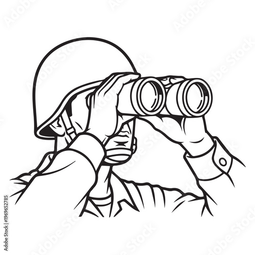 Man in helmet using binoculars, surveying distant horizon in line art illustration.