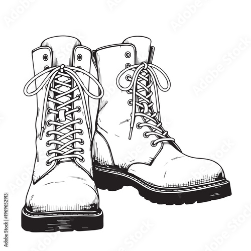 Black and white illustrated combat boots with laces and sturdy soles, sketch style.