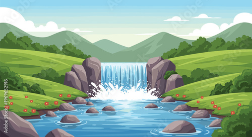 Peaceful nature scene features a wide waterfall cascading into a clear blue river surrounded by rolling green hills and bright flowers.