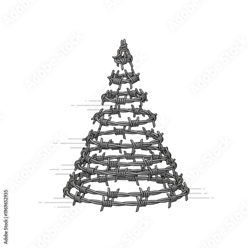 A conical structure made of barbed wire resembles a tree