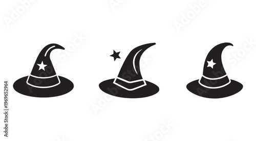 Black silhouette of three magic witches hats with white outlines and stars on white background