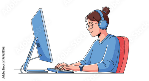 Young woman wearing glasses and headphones working efficiently on a desktop computer in a clean line art illustration.