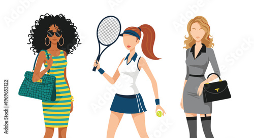 Three stylish women characters wearing different outfits including a striped dress, tennis gear, and professional attire.