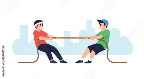 Two energetic boys participating in a competitive tug of war game with a simple city skyline background illustration.