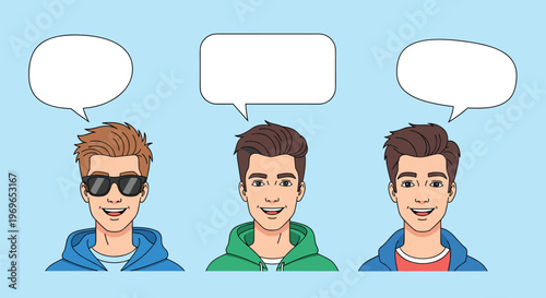 Group of young men in hoodies with blank speech bubbles above them, ideal for social media or communication concepts.
