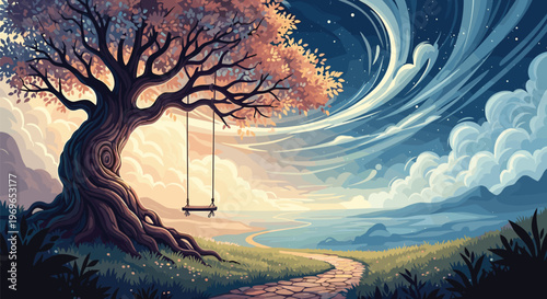 Magical sunset landscape with a large ancient tree, a wooden swing, and a peaceful path leading towards the distant sea.
