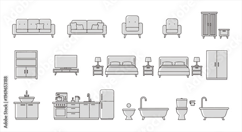 Home interior furniture and bathroom kitchen icons set, outline line art vector illustration
