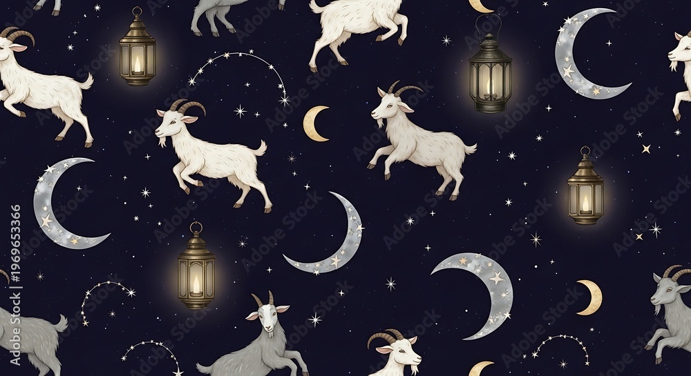 Naklejka premium Goats leap playfully under starry night sky with crescent moons and lanterns.