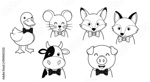 Black and white line art of cute animal heads wearing bow ties including a duck, mouse, fox, cow, and a happy pig.
